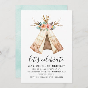Boho Floral Teepee   Invitation de fête d'annivers