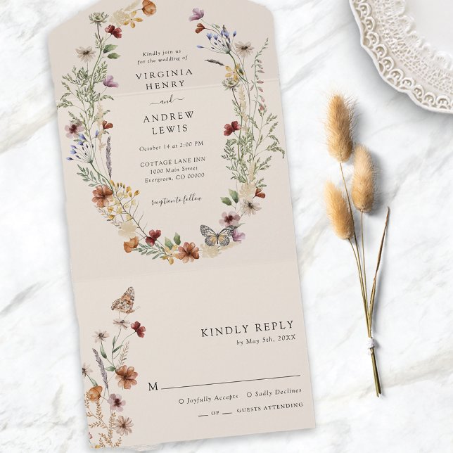 Boho Floral tout en un mariage Invitation (Boho Floral All in One Wedding Invite
)