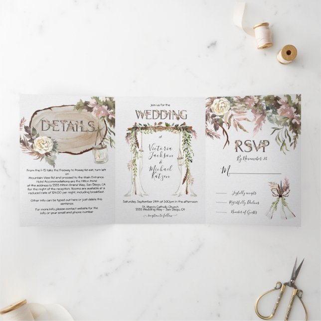 Boho Floral Woodland Mariage Tri-Fold Invitation (Intérieur)