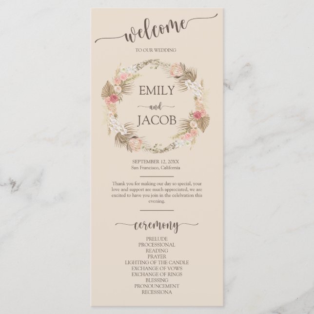 Boho Floral Wreath Script Mariage Flat Programme (Devant)