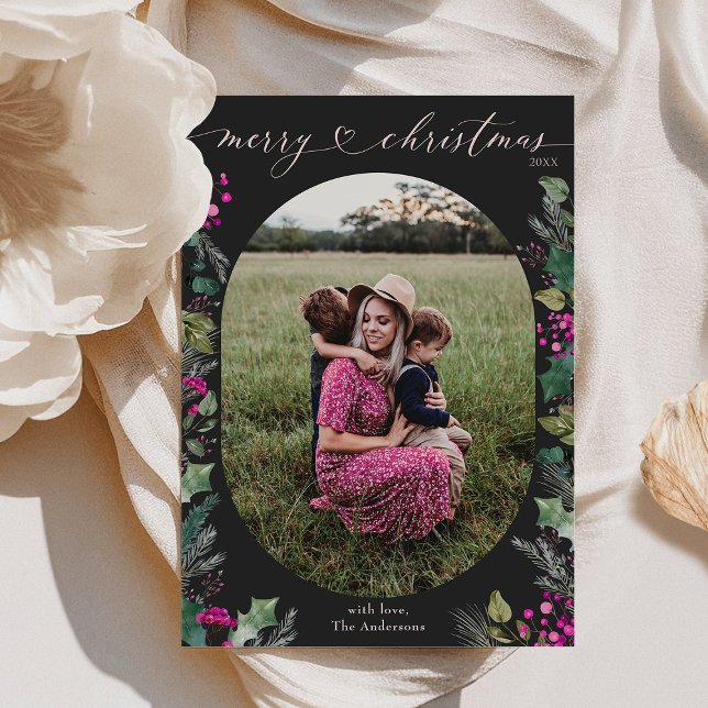 Boho foncé vert feuillage photo carte de Noël (Créateur téléchargé)
