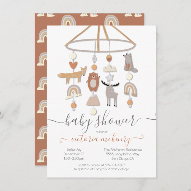 Boho Forest Animaux Mobile Baby shower Invitation (Devant / Derrière)