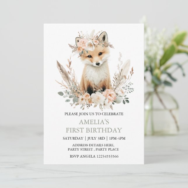 Boho Fox Girl 1st Birthday Invitation Quel âge (Debout devant)