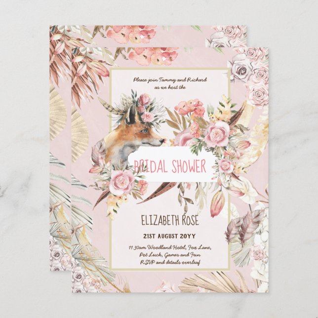 Boho FOX Mariage Fête des bois Plumes Floral (Devant / Derrière)