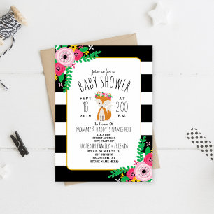 Boho Fox noir + blanc Baby shower Invitation
