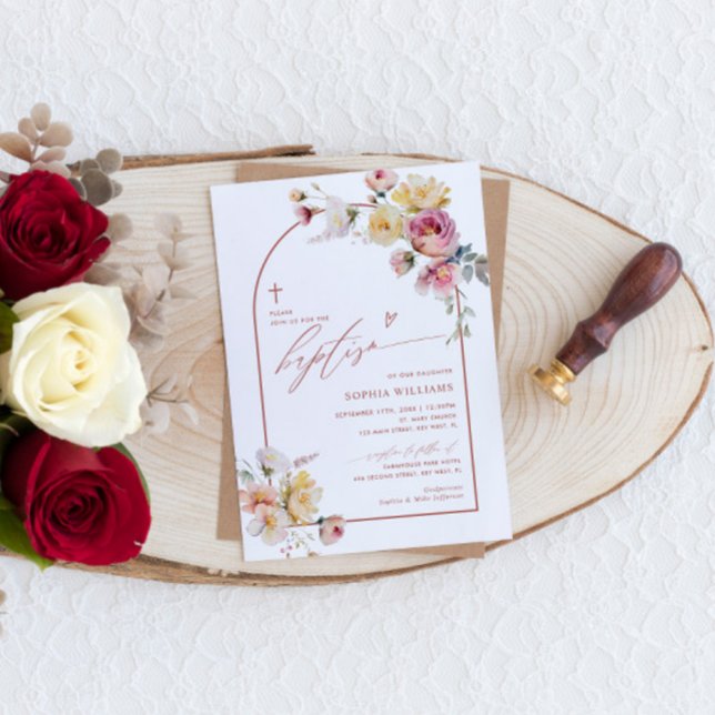 Boho Garden Rose Fleurs Baptême Invitation (Créateur téléchargé)
