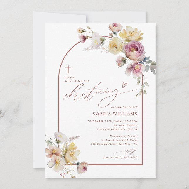 Boho Garden Rose Flowers Christening Invitation (Devant)