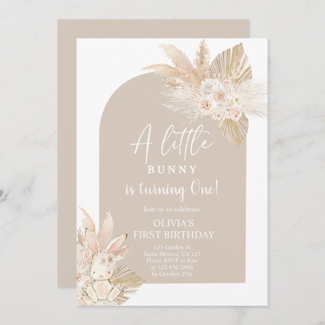 Boho Girl Bunny Rabbit Anniversaire Invitation (Devant / Derrière)