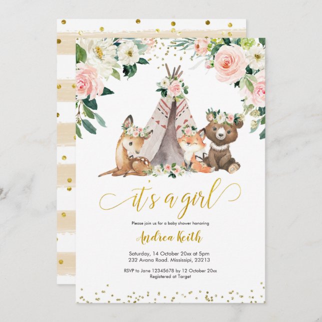 Boho Girl Floral Woodland Baby shower Invitation (Devant / Derrière)