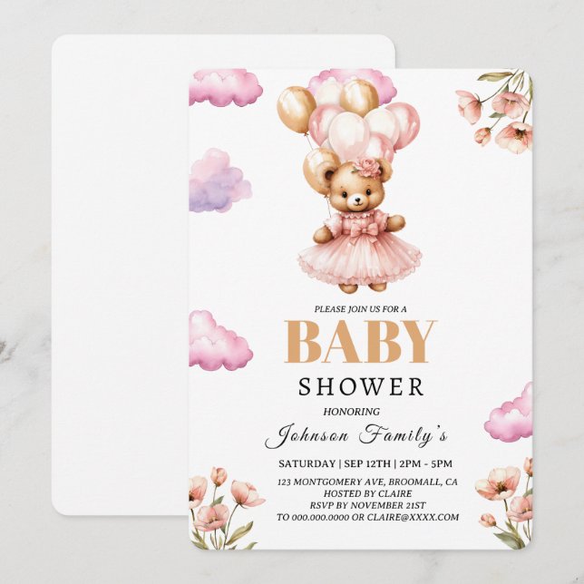 boho Girl rose Babyshower Invitation Ours (Devant / Derrière)