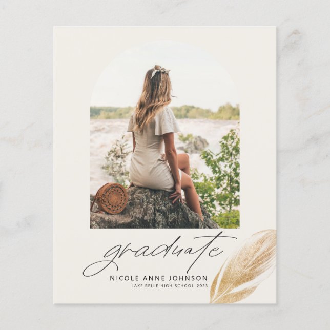 Boho Gold Feather Arch Photo Graduation Invitation (Devant)