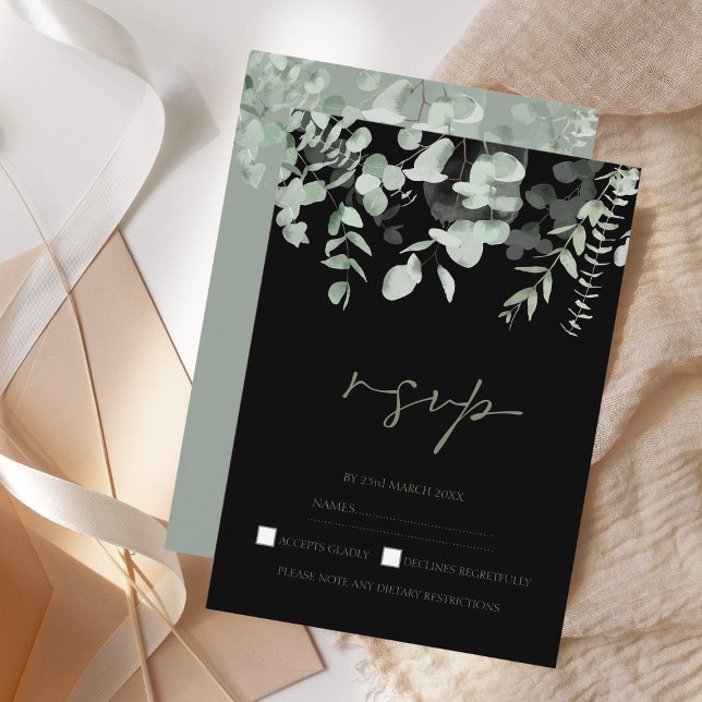 Boho Green Black Eucalyptus Wedding RSVP (Créateur téléchargé)