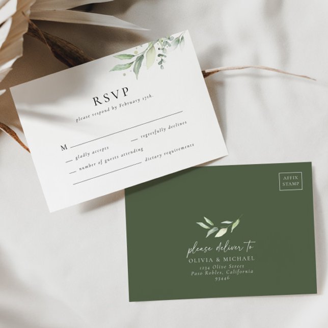 Boho Green Botanical Minimal Wedding Carte RSVP (RSVP Card Front/Back)