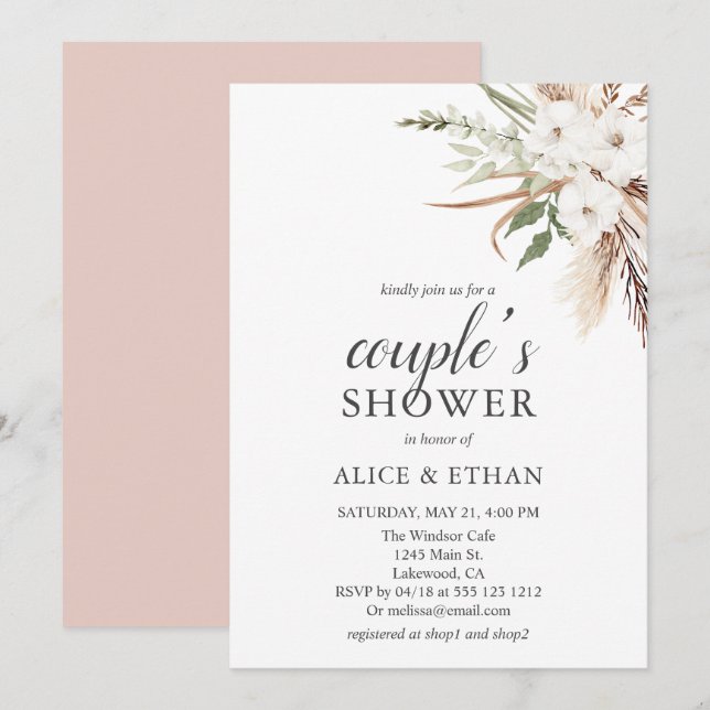 Boho Green Pampa Grass Couple Shower Invitation (Devant / Derrière)