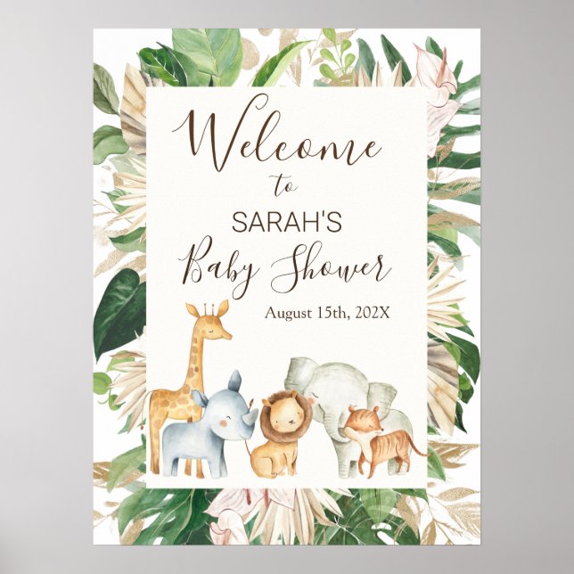 Boho Greenery Safari Baby shower Affiche de bienve (Devant)