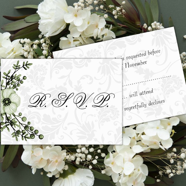 Boho Grey Damask et Green Floral Wedding RSVP (Créateur téléchargé)