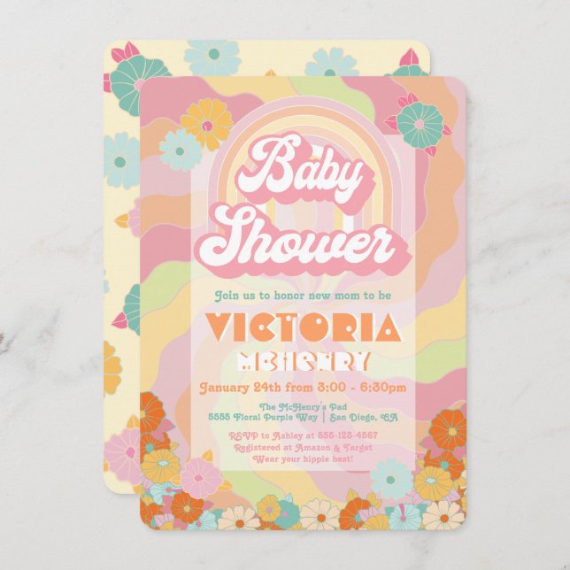 Boho Hippie Rainbow Floral Baby shower Invitation (Devant / Derrière)