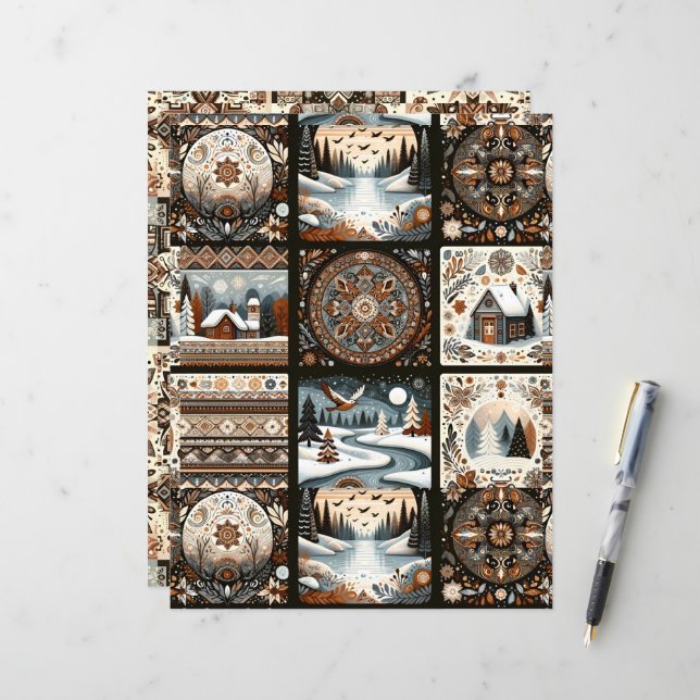 Boho Hiver Motif Artisanat & Scrapbook Papier (Devant/Arrière en situation)