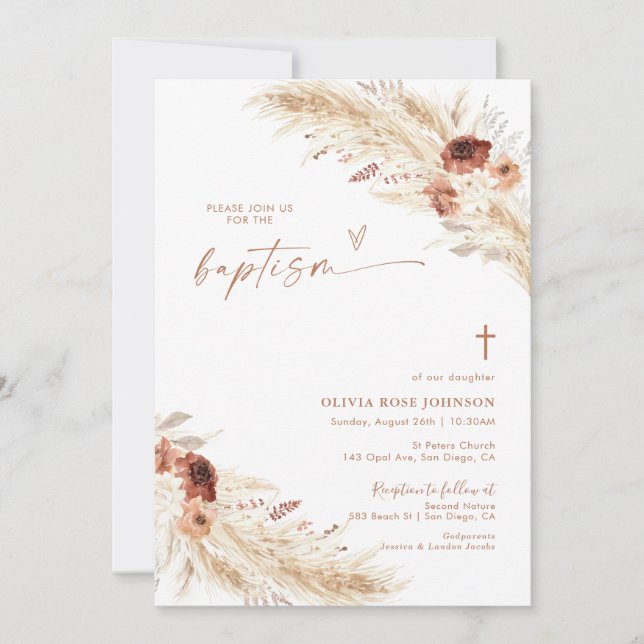 Boho Invitation Baptême, Pampas Grass Boho Christe (Devant)