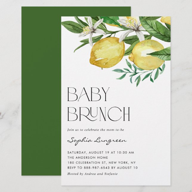 Boho Lemon and Blooms Baby Brunch Invitation (Devant / Derrière)