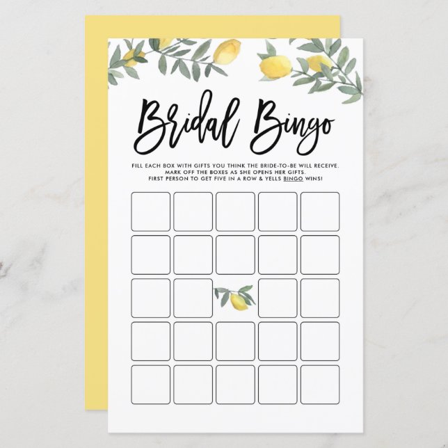 Boho Lemon Summer Fête des mariées Bingo Game Card (Devant / Derrière)