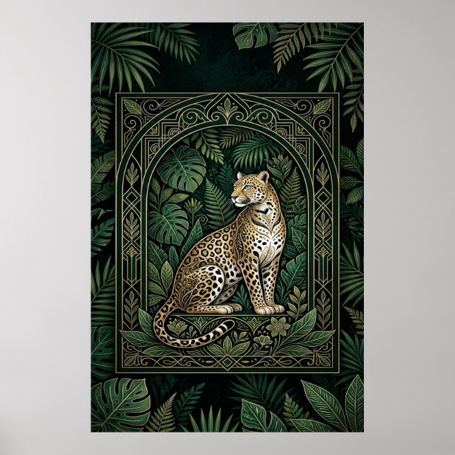 Boho Leopard Botanical Poster | Gold Line Art  (Devant)