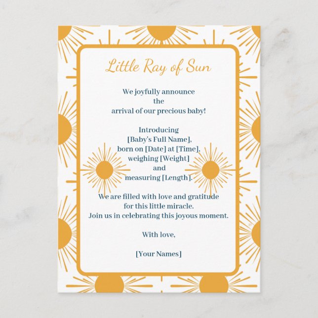 Boho Little Ray of Sun Faire-part de naissance (Devant)