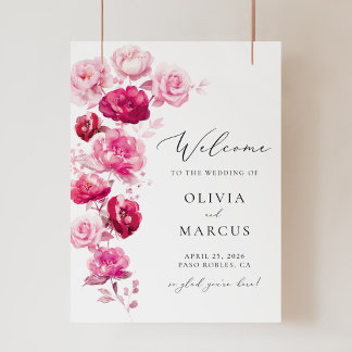 Boho Magenta Hot rose Floral Mariage Affiche de bi