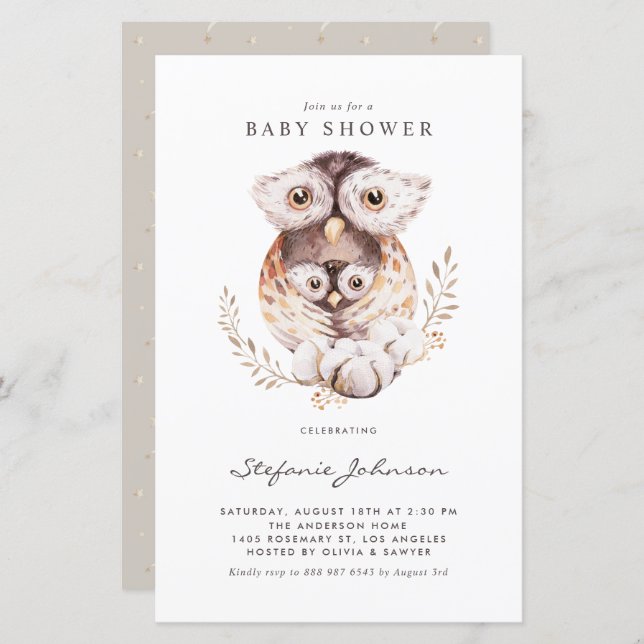 Boho maman et bébé hibou Baby shower Invitation (Devant / Derrière)