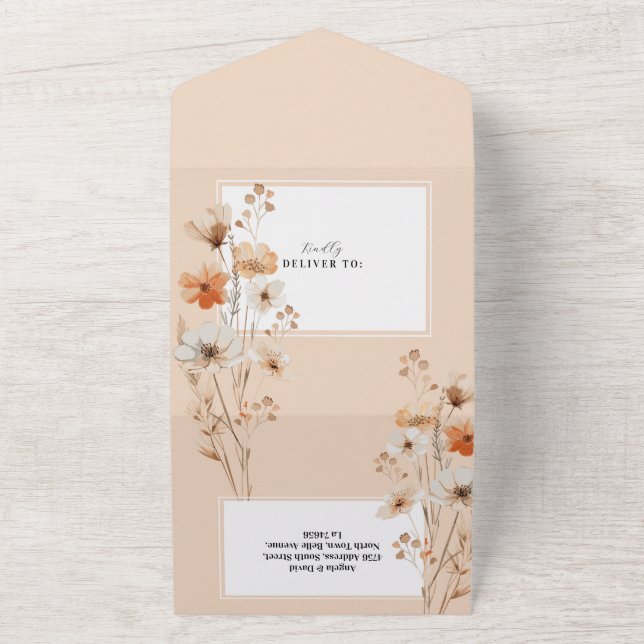 Boho Mariage Peach Florals Invitation & RSVP (Dehors)