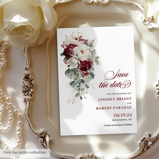 Boho marsala blanc or floral enregistrer la carte  (Boho marsala white gold floral save the date card

)