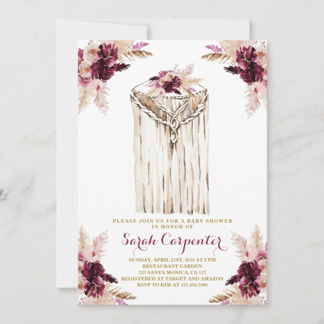 Boho marsala macrame baby shower invitation fille (Devant)