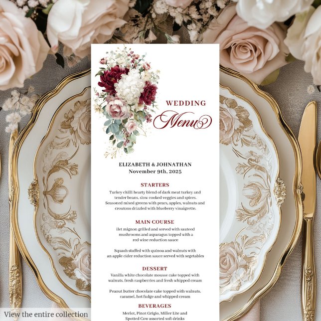 Boho marsala or rose romantique carte de menu mari (Boho marsala gold roses romantic wedding menu card

)