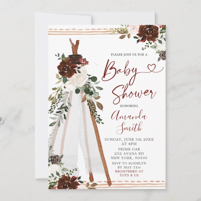 Boho Marsala Teepee baby shower Invitation (Devant)