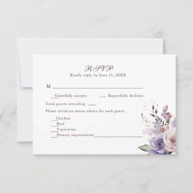 Boho Mauve and Lilac Flowers Wedding RSVP Card (Devant)