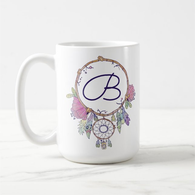 Boho Monogram Aquarelle Dreamcatcher Café Mug (Gauche)