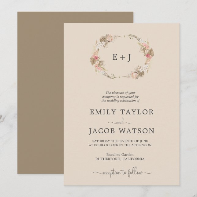 Boho Monogram Faire-part de mariage de couronne fl (Devant / Derrière)