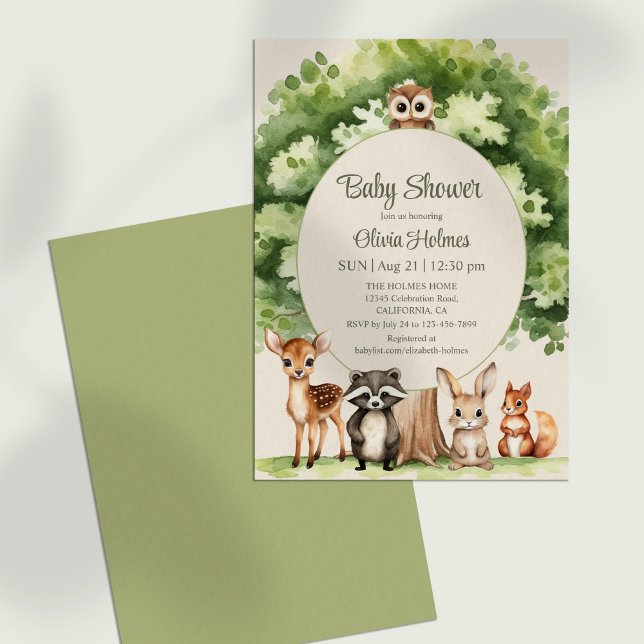 Boho mûre Bois Animaux Baby shower Invitation (Boho Cute Woodland Animals Baby Shower Invitation against a neutral background.)
