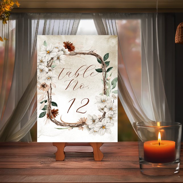 Boho Muted Automne Floral Cartes et cadeaux de nai (Boho Muted Fall Floral and Grapevine Wreath "Fall in Love" Bridal Shower Collection - Table Numbers)