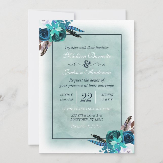 Boho Navy Blue Aqua Watercolor Faire-part de maria (Devant)