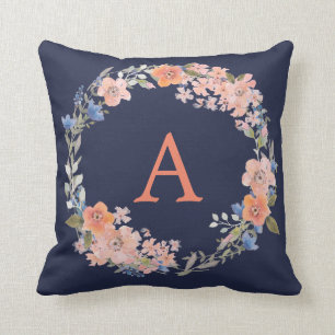 Boho Navy et Peach Monogram Floral Wreath Coussin