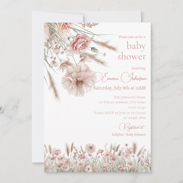 Boho Neutral Wildflower Baby Shower Invitation (Devant)