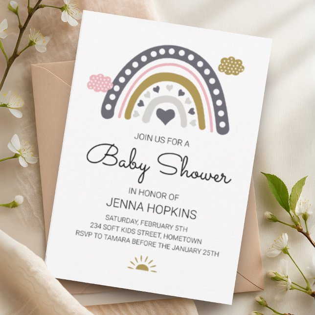 Boho Nordic Rainbow Baby shower Gris Invitation (Boho Nordic Rainbow Baby Shower Grey Invitation)