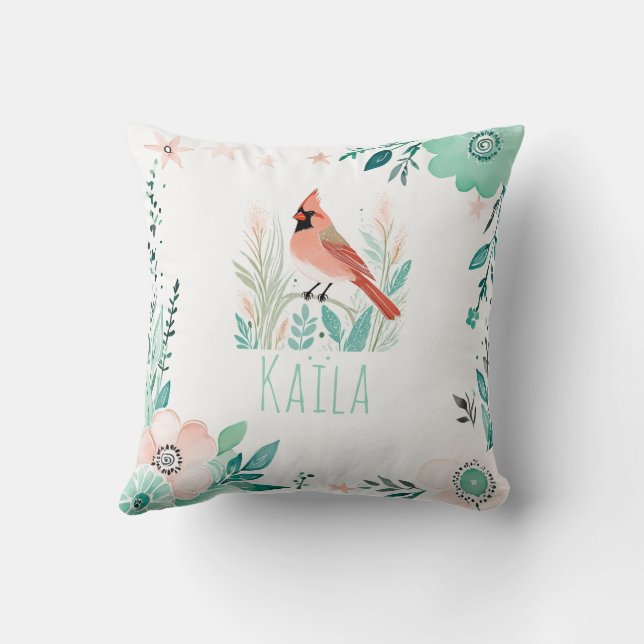 Boho Northern Cardinal Coussin Pastel Green (Verso)