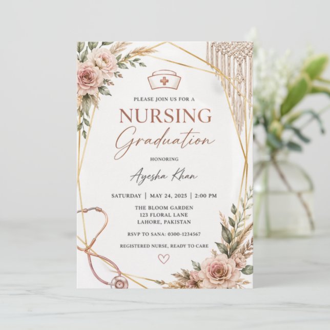 Boho Nursing Graduation Invitation with Stethoscop (Debout devant)