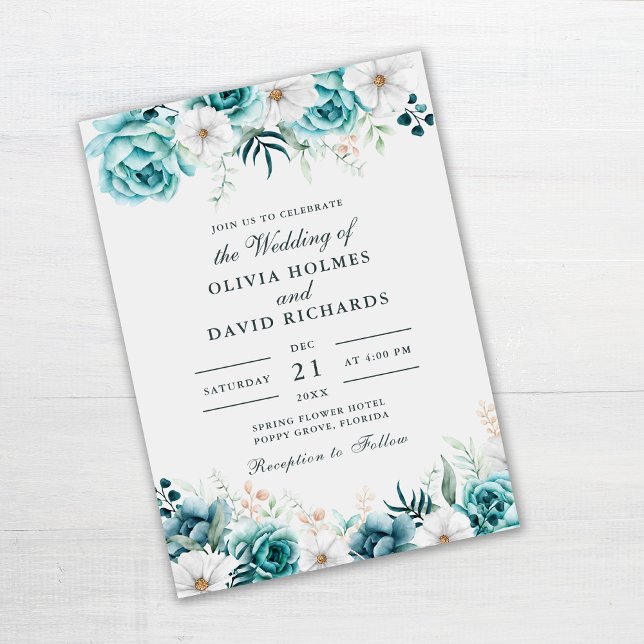 Boho Off-White Fleurs sauvages Faire-part de maria (Teal and Off-White Floral Wedding Invitation on gray table)