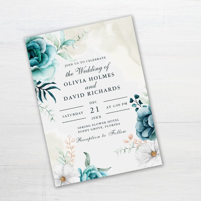 Boho Off-White Fleurs sauvages Faire-part de maria (Teal and Off-white Wildflowers Wedding Invitation on gray wooden table.)