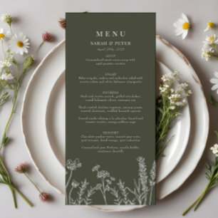 Boho Olive Green Fleur sauvage menu plat Mariage