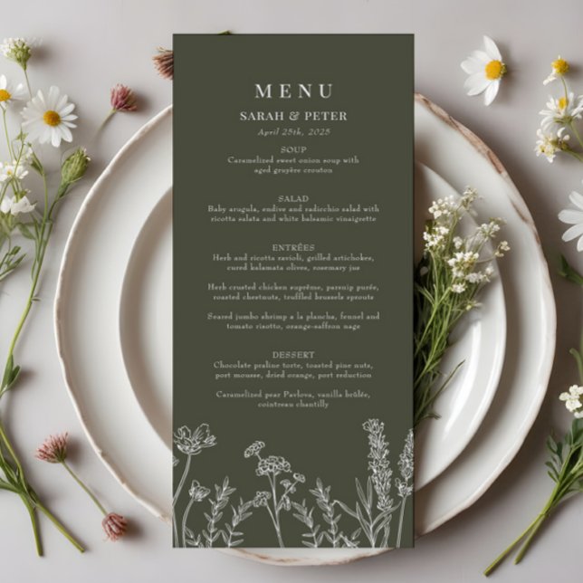 Boho Olive Green Fleur sauvage menu plat Mariage (Créateur téléchargé)