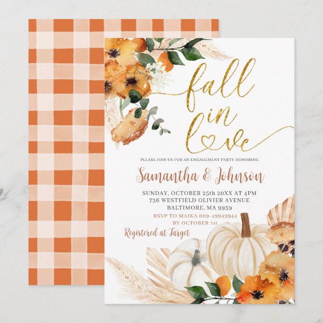 Boho Orange Citrouille Engagement Party Invitation (Devant / Derrière)